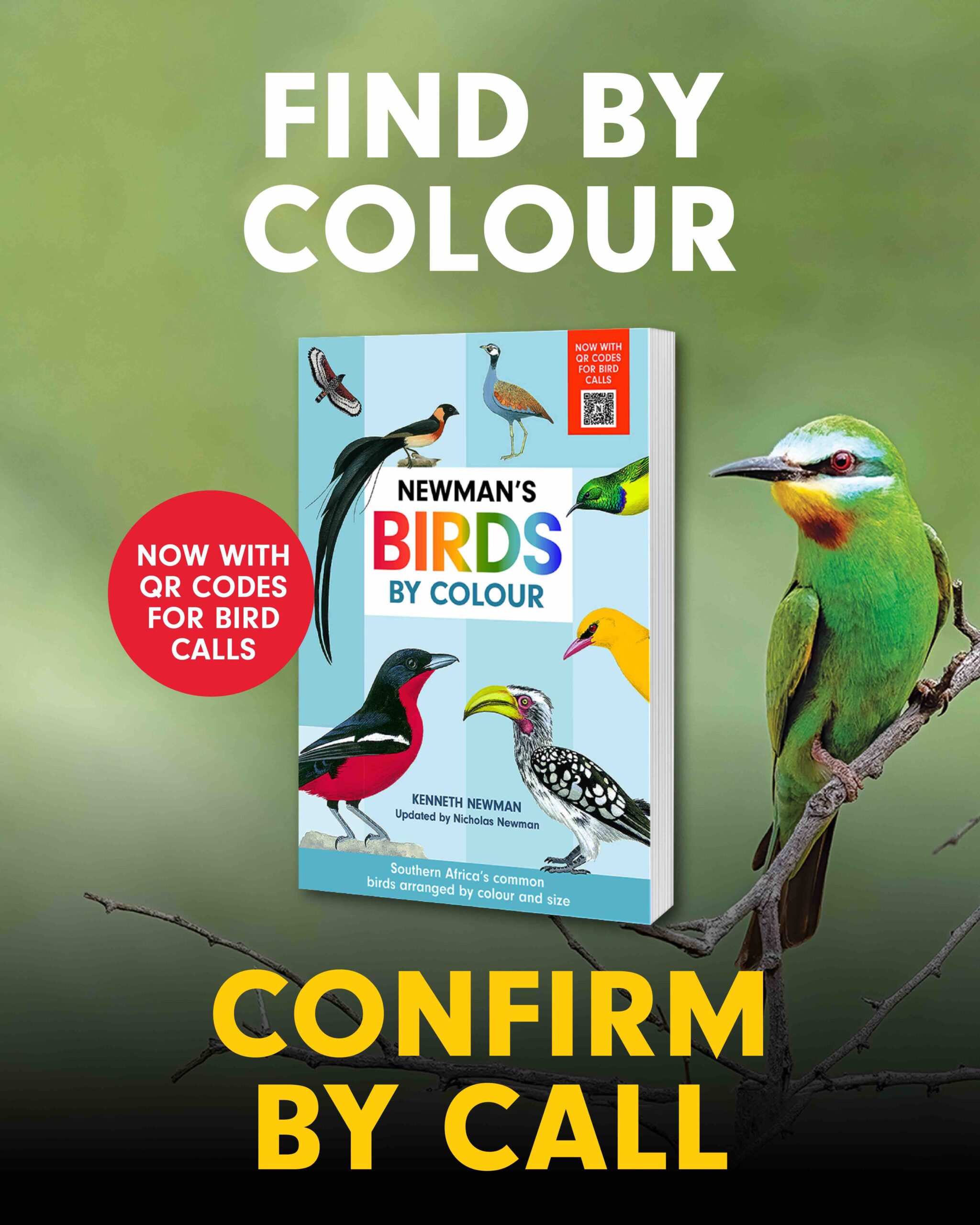 Newman's Birds by Colour 5th Edition book with QR codes for bird calls, beside a Blue-cheeked Bee-eater – Find by colour, confirm by call